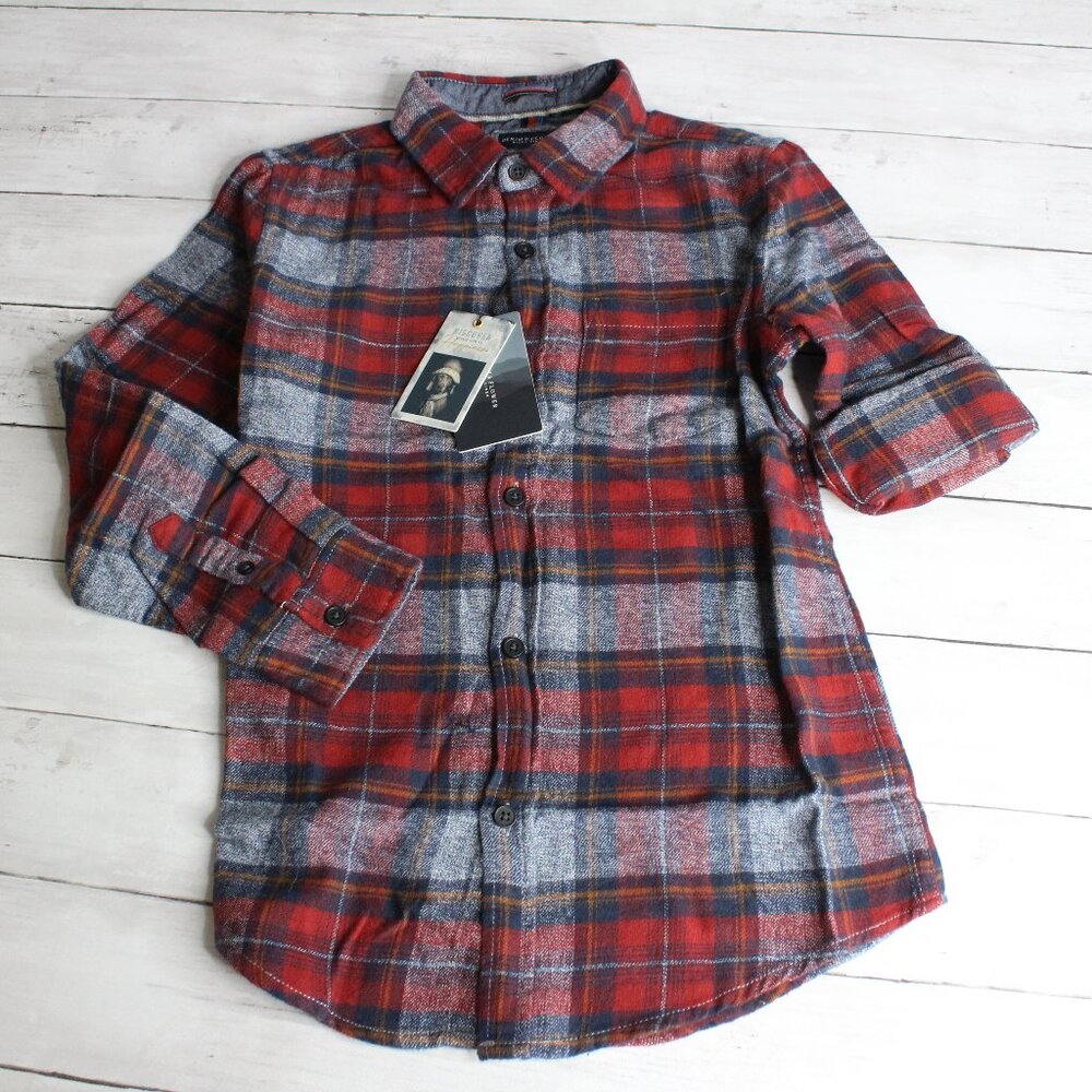 Denim & Flower Boy's Flannel Shirt Youth Size 10 11 12 Navy Red Ricky Singh